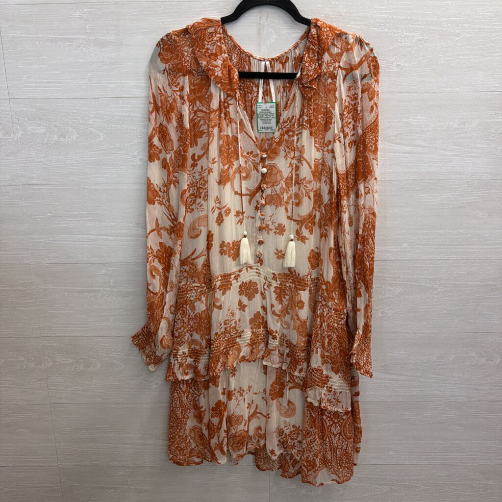 Anthropologie White/ Orange The Marais Printed Chiffon Long Sleeve Dress Medium