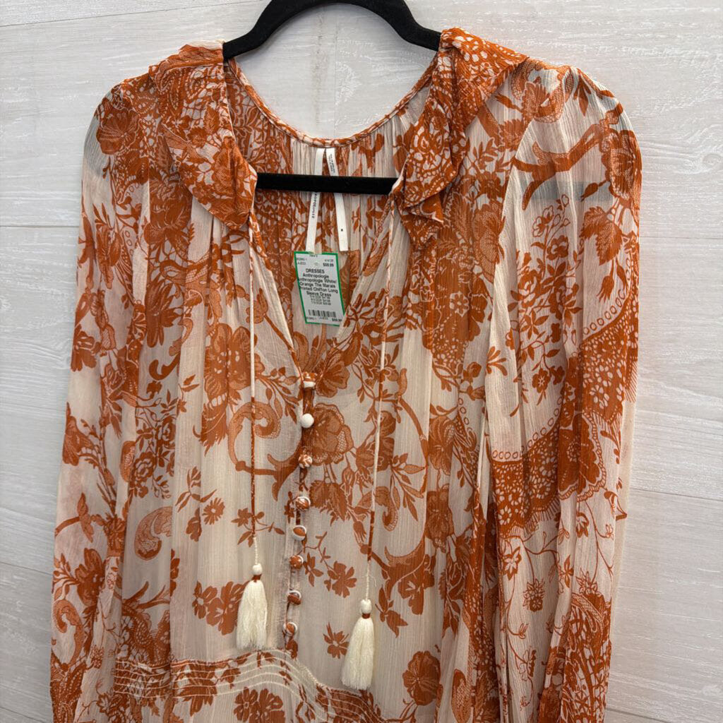 Anthropologie White/ Orange The Marais Printed Chiffon Long Sleeve Dress Medium