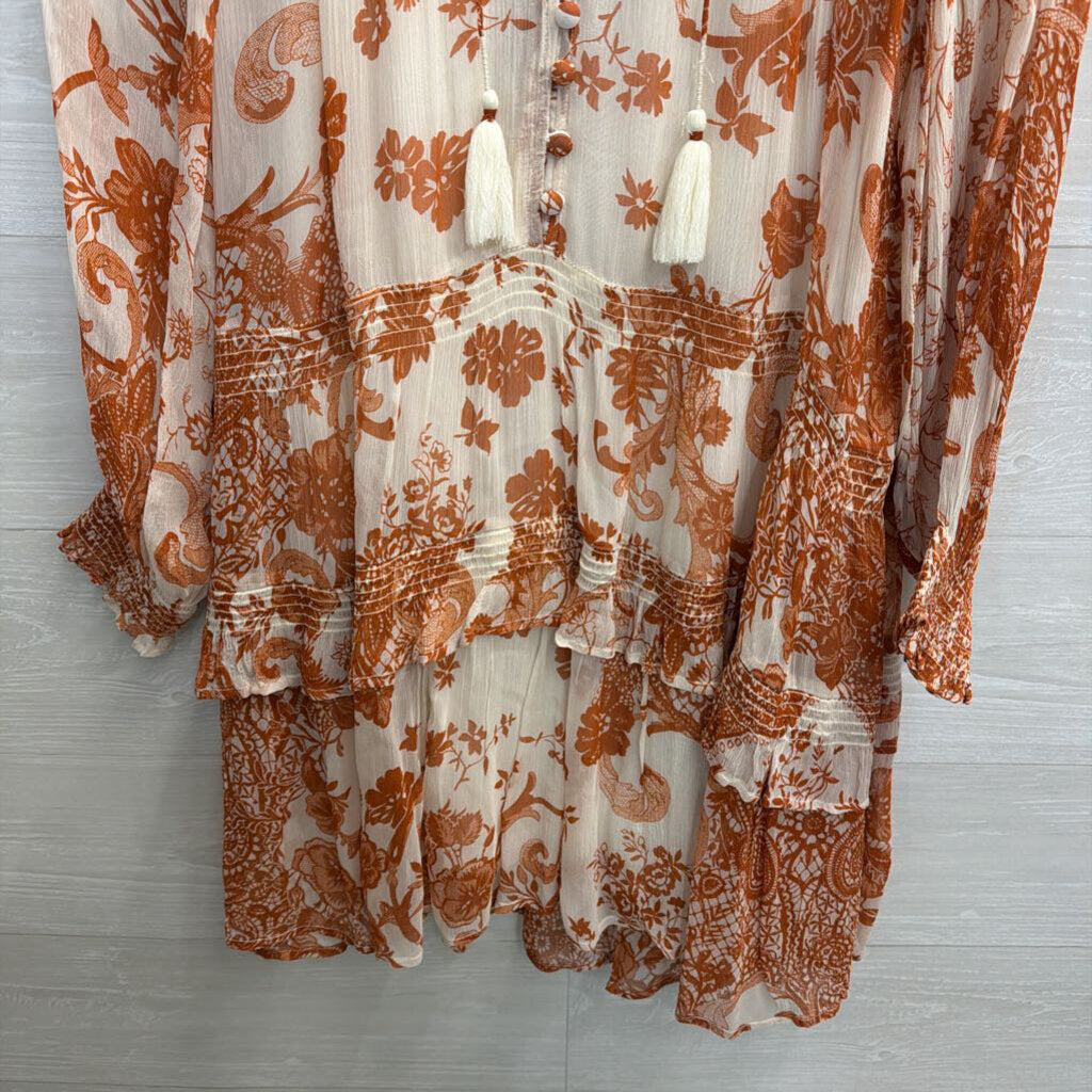 Anthropologie White/ Orange The Marais Printed Chiffon Long Sleeve Dress Medium
