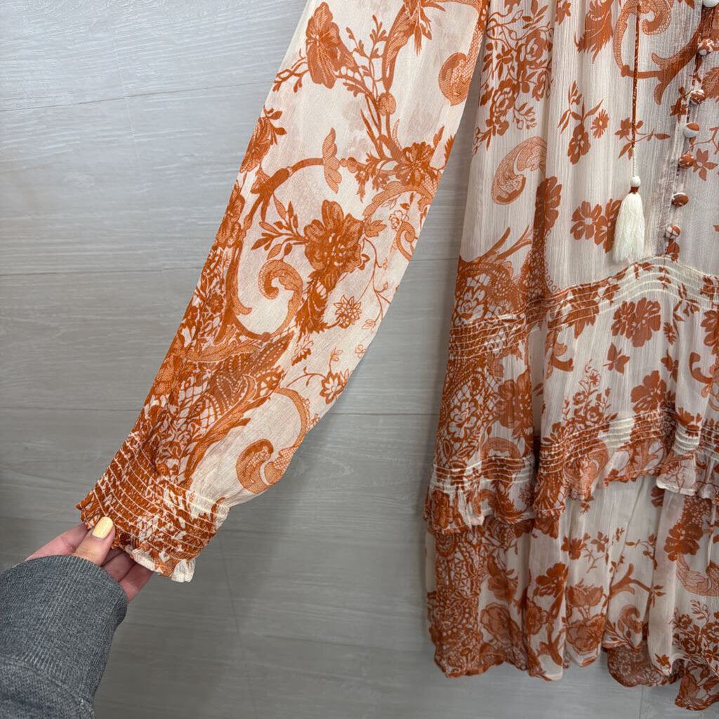 Anthropologie White/ Orange The Marais Printed Chiffon Long Sleeve Dress Medium