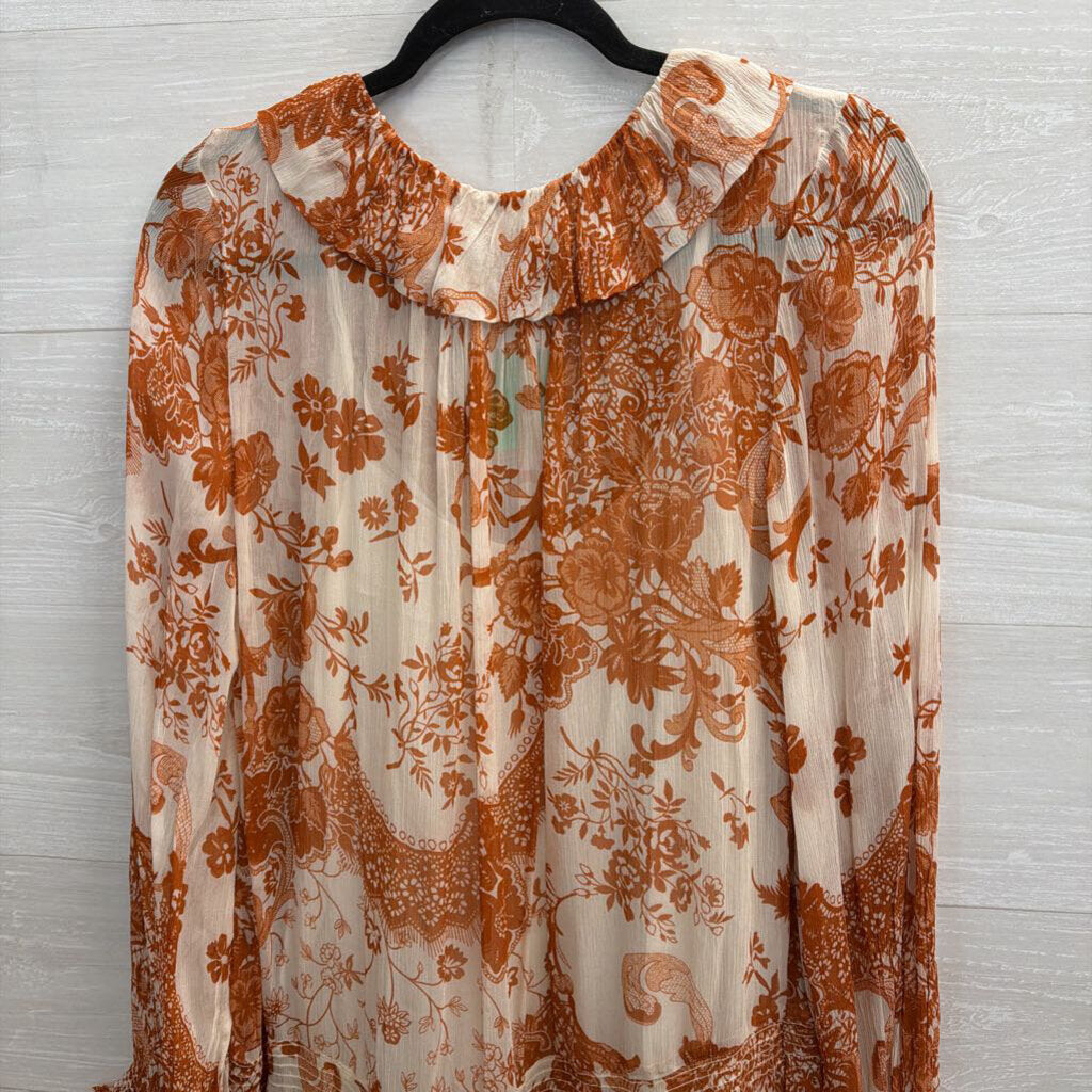 Anthropologie White/ Orange The Marais Printed Chiffon Long Sleeve Dress Medium