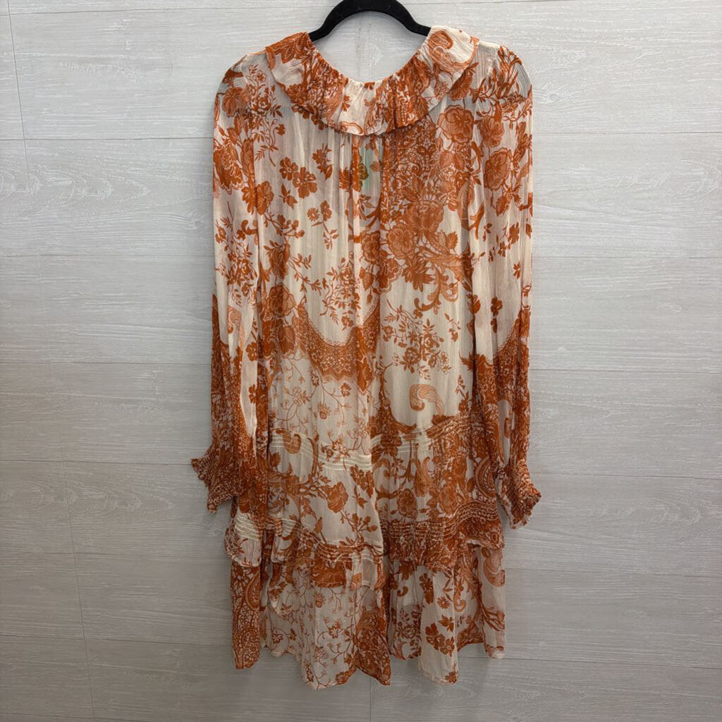 Anthropologie White/ Orange The Marais Printed Chiffon Long Sleeve Dress Medium
