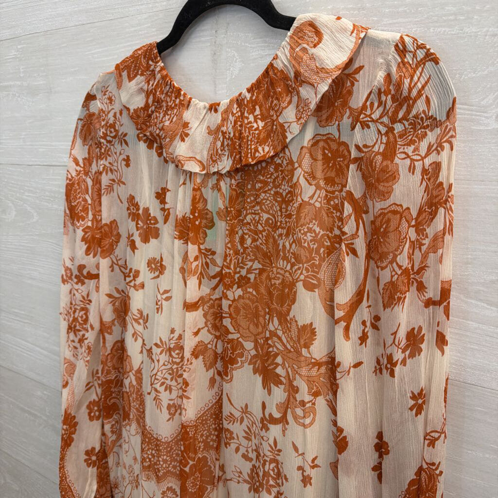 Anthropologie White/ Orange The Marais Printed Chiffon Long Sleeve Dress Medium