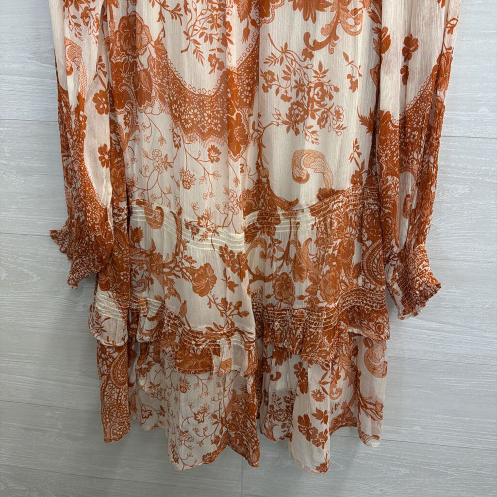 Anthropologie White/ Orange The Marais Printed Chiffon Long Sleeve Dress Medium