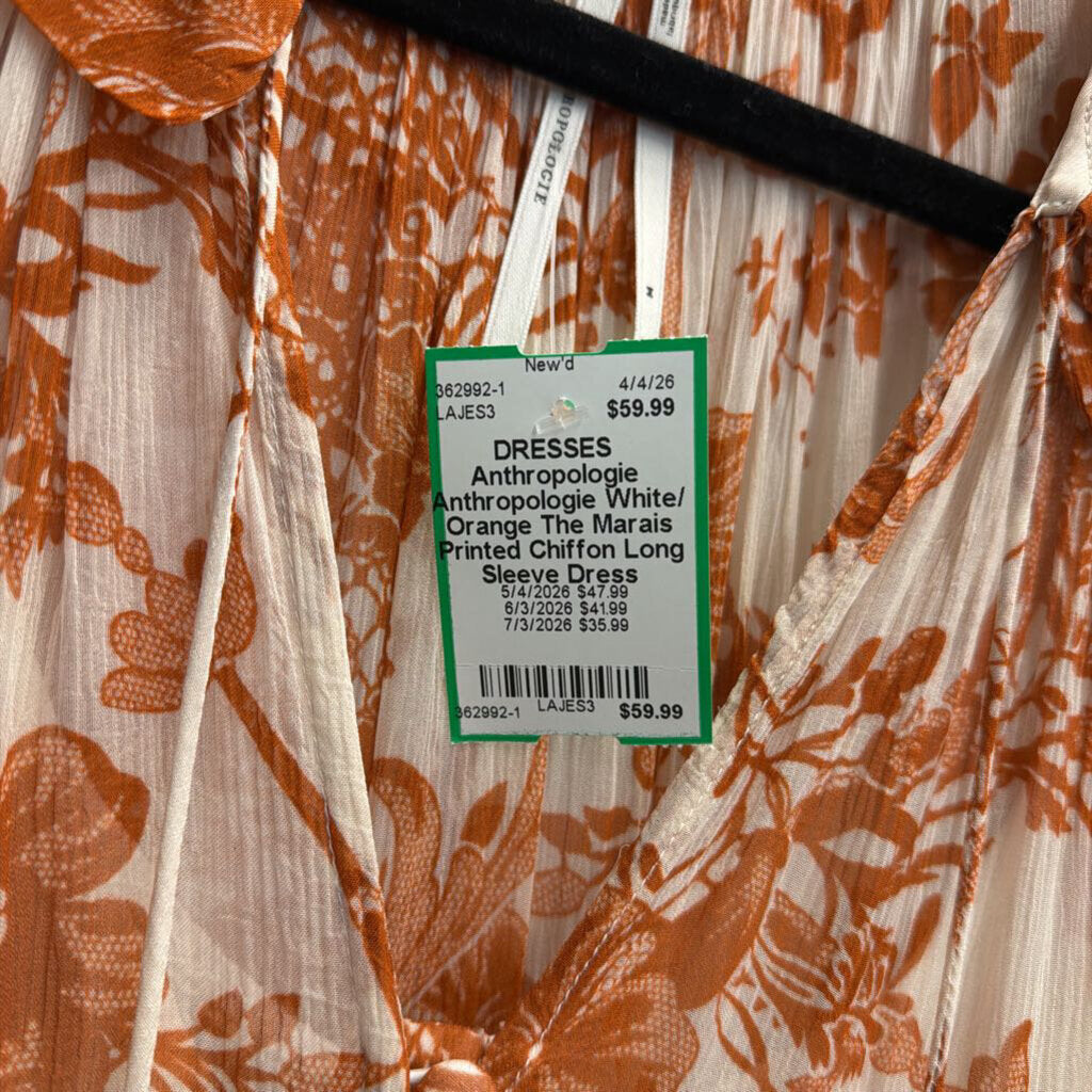 Anthropologie White/ Orange The Marais Printed Chiffon Long Sleeve Dress Medium