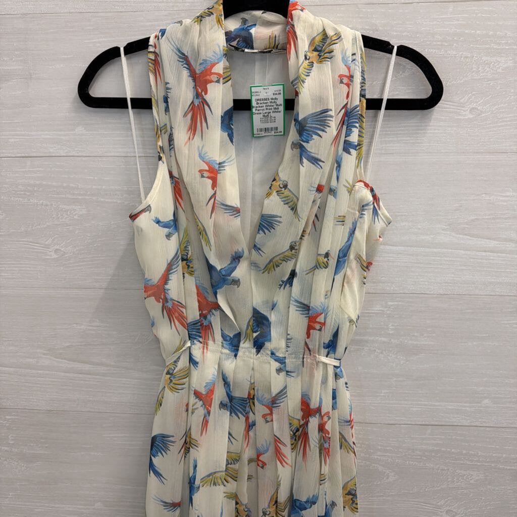 Molly Bracken White/ Multi Parrot Print Midi Dress Large