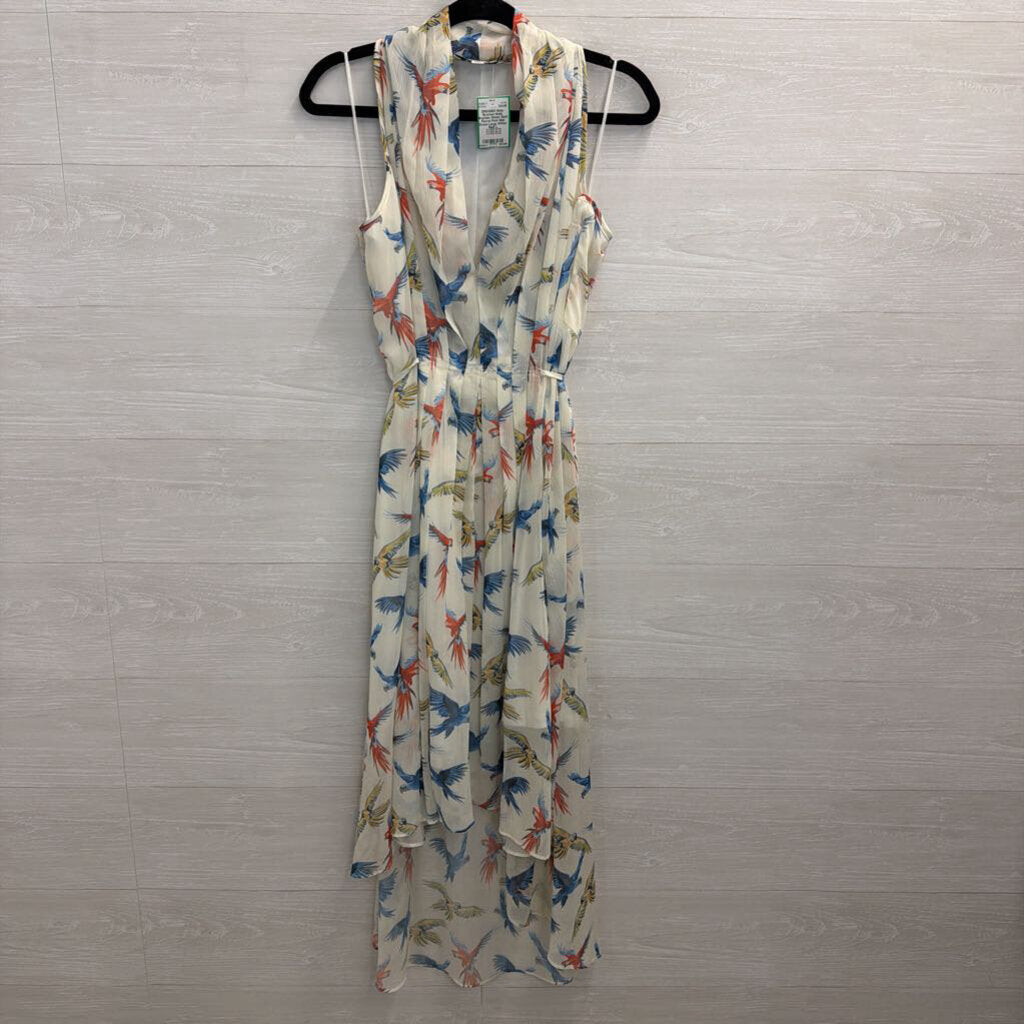 Molly Bracken White/ Multi Parrot Print Midi Dress Large