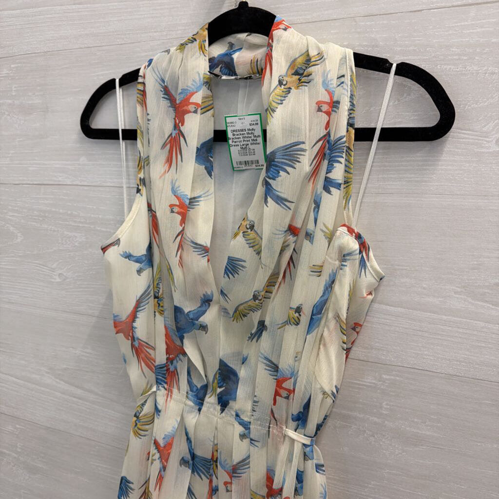 Molly Bracken White/ Multi Parrot Print Midi Dress Large