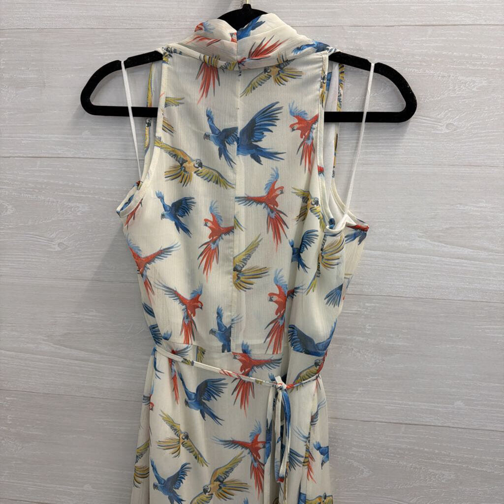 Molly Bracken White/ Multi Parrot Print Midi Dress Large