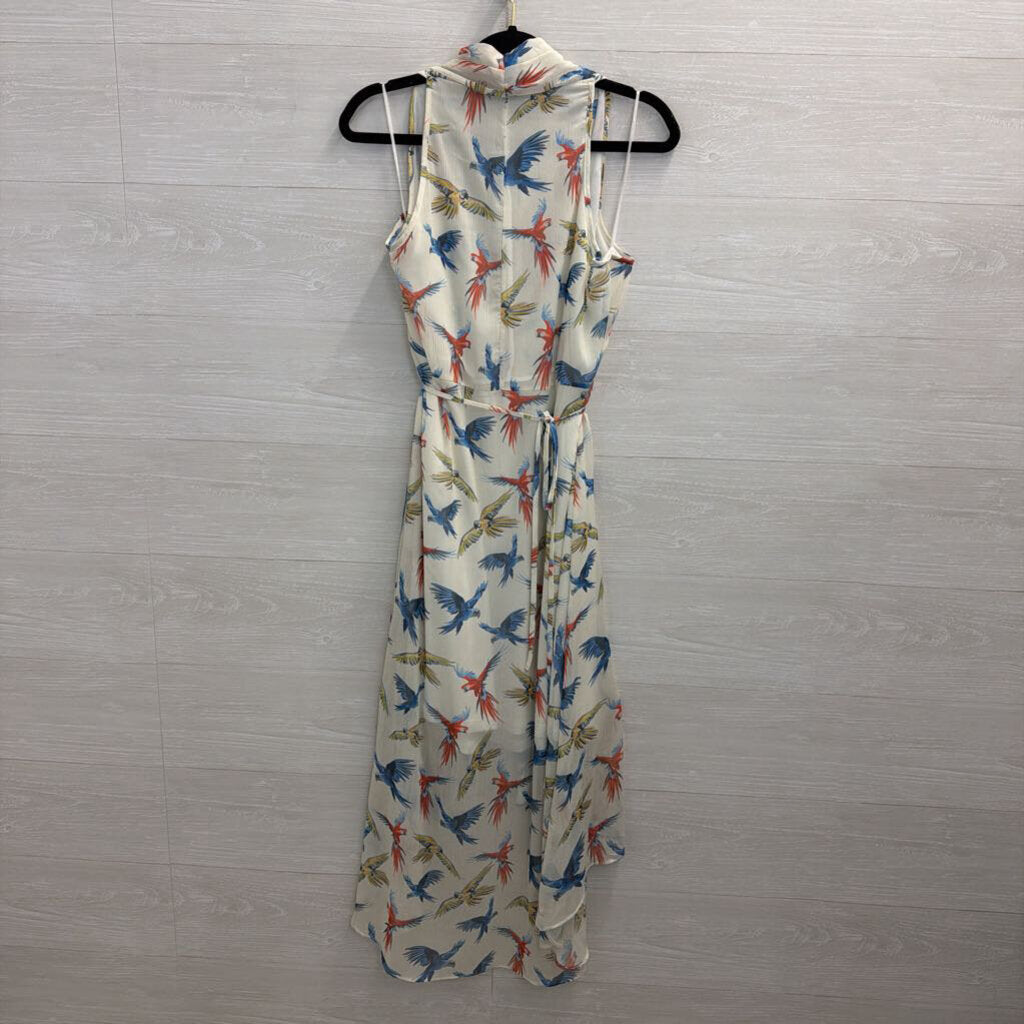 Molly Bracken White/ Multi Parrot Print Midi Dress Large