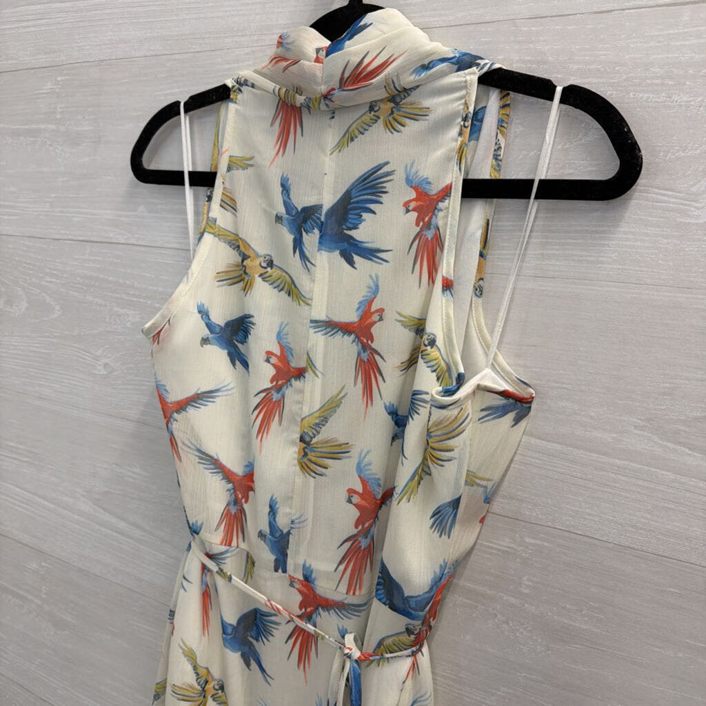 Molly Bracken White/ Multi Parrot Print Midi Dress Large
