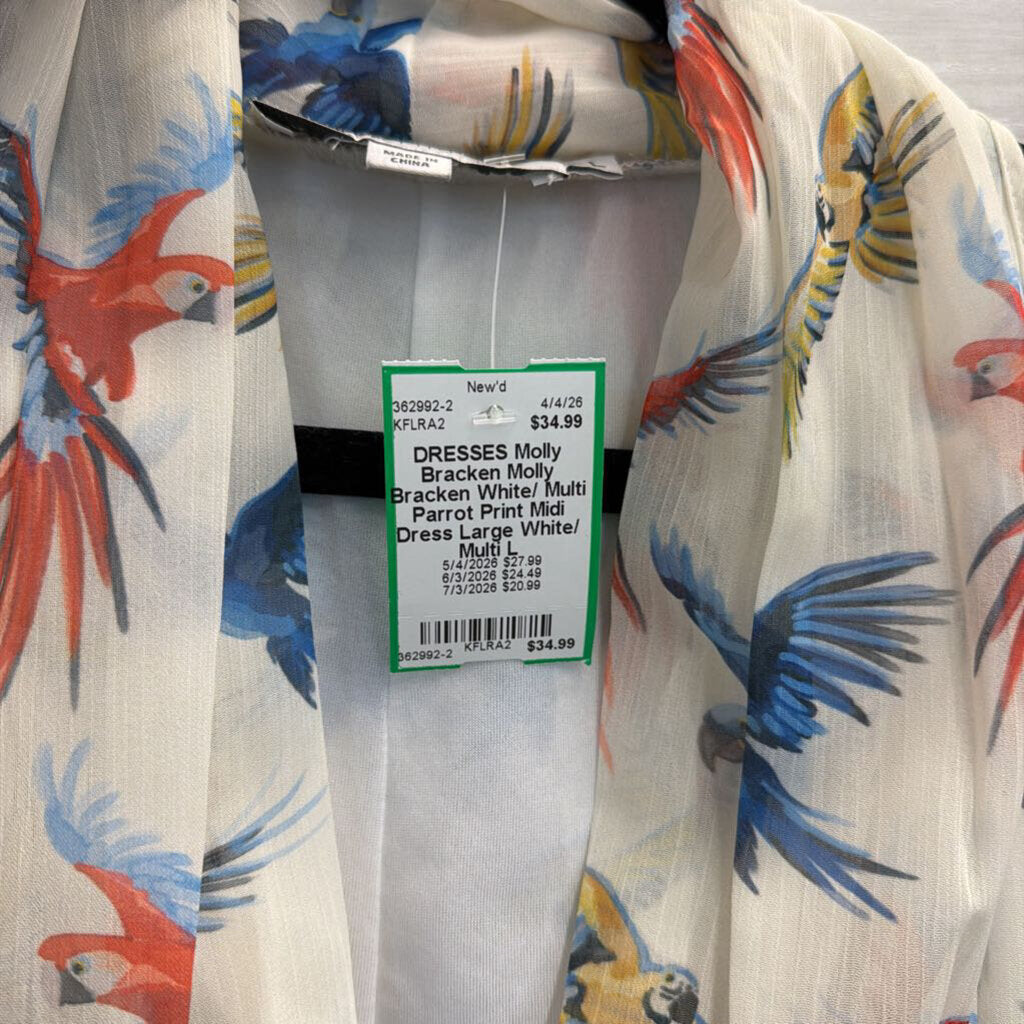 Molly Bracken White/ Multi Parrot Print Midi Dress Large