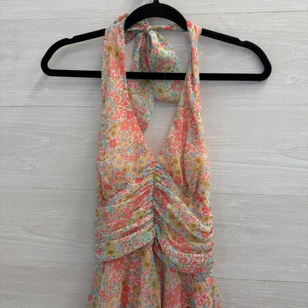B Moss Pink/ Multi Floral Print Halter Dress Small
