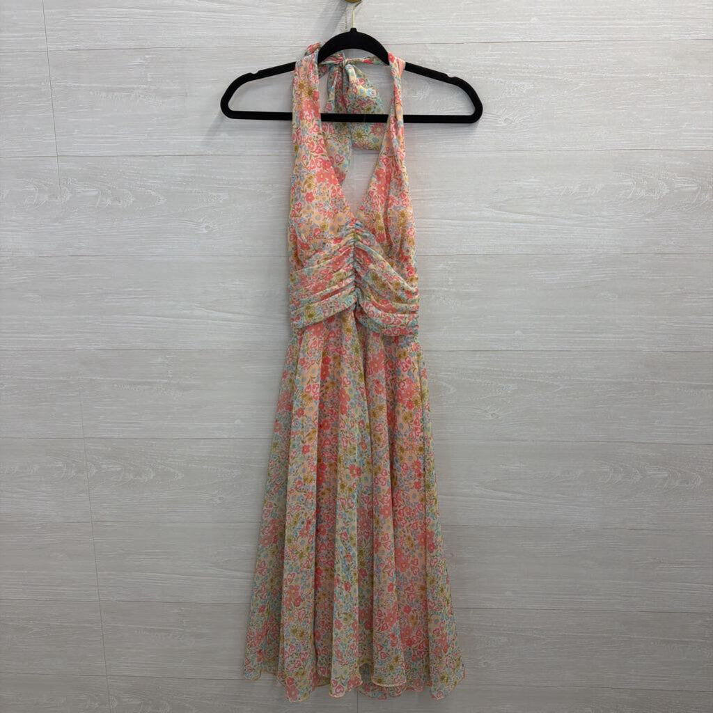 B Moss Pink/ Multi Floral Print Halter Dress Small