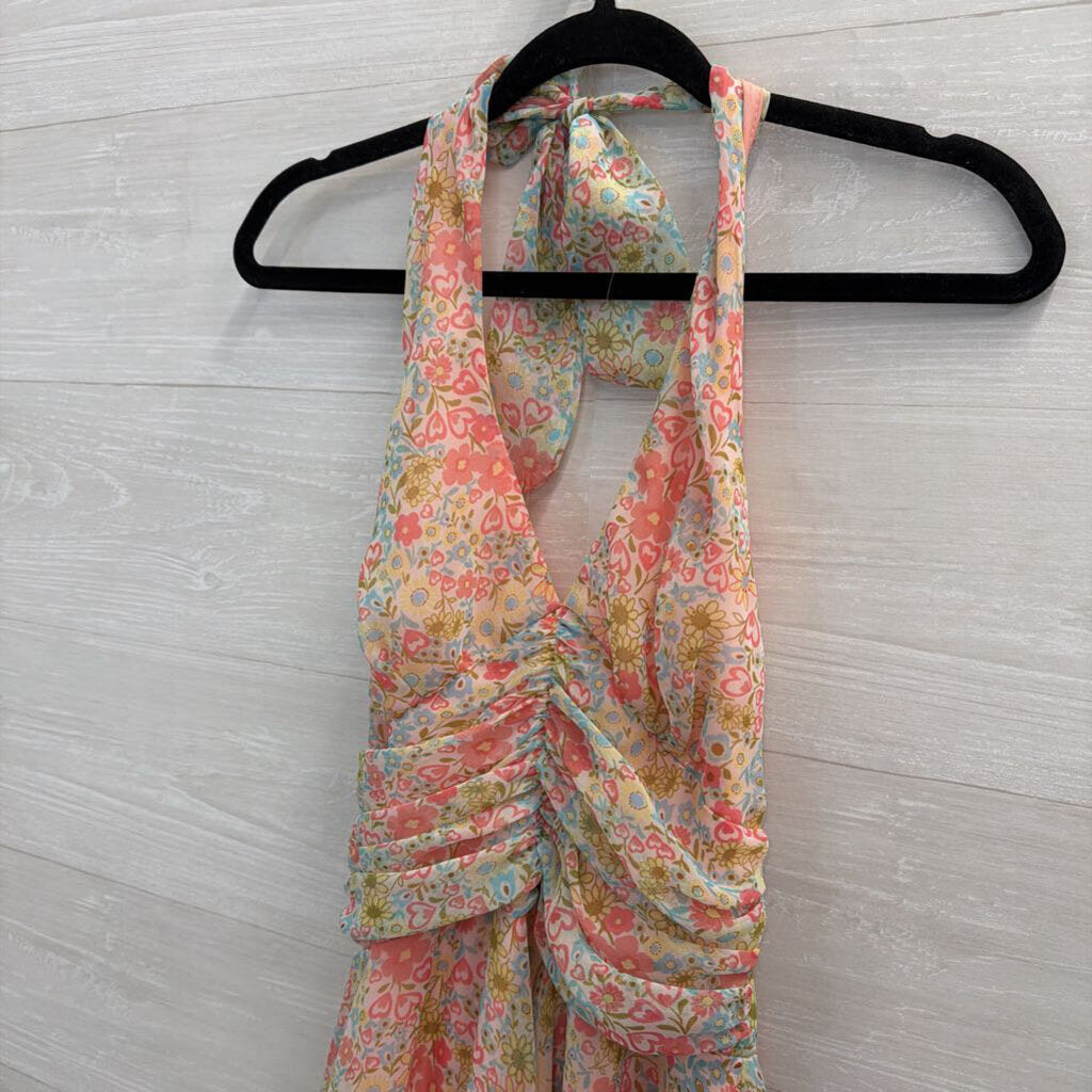 B Moss Pink/ Multi Floral Print Halter Dress Small