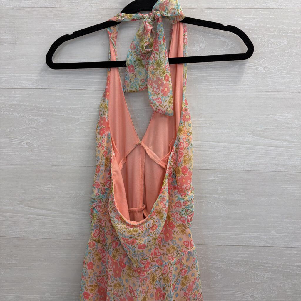 B Moss Pink/ Multi Floral Print Halter Dress Small