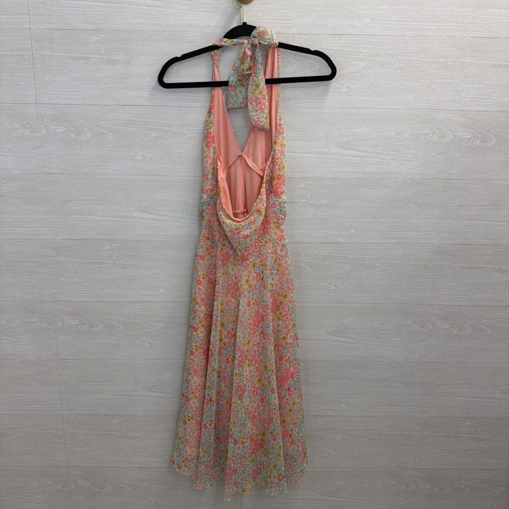 B Moss Pink/ Multi Floral Print Halter Dress Small
