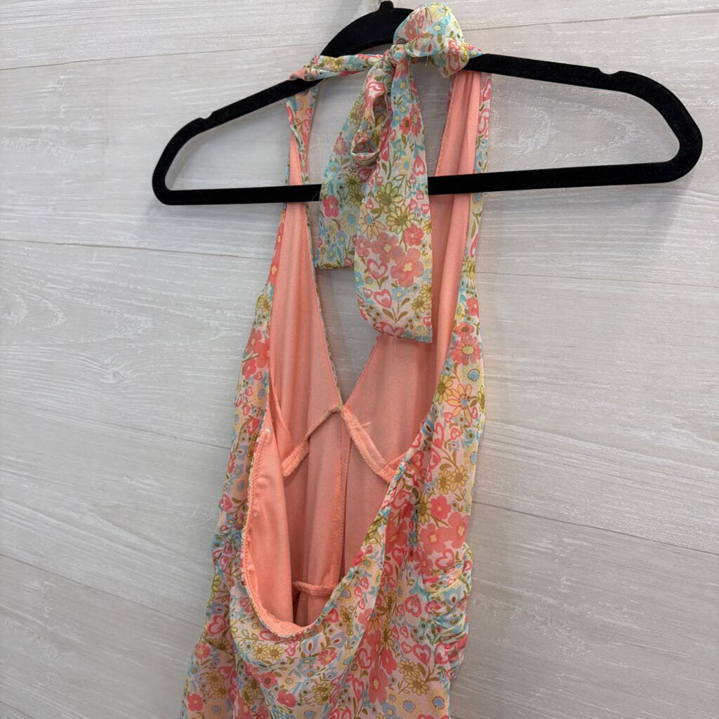 B Moss Pink/ Multi Floral Print Halter Dress Small