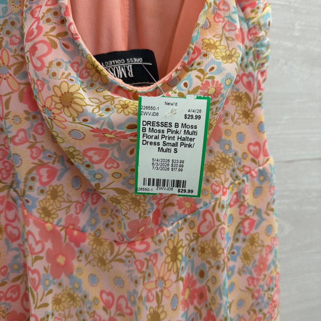 B Moss Pink/ Multi Floral Print Halter Dress Small