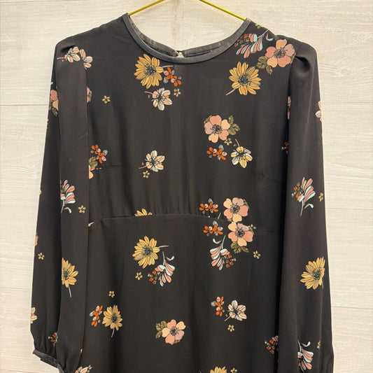Who What Wear Black/ Multi Floral Print Long Sleeve Midi Dress Small