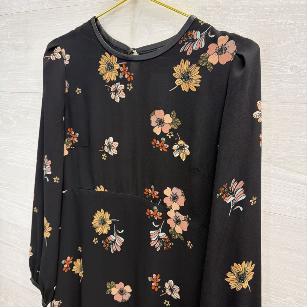 Who What Wear Black/ Multi Floral Print Long Sleeve Midi Dress Small