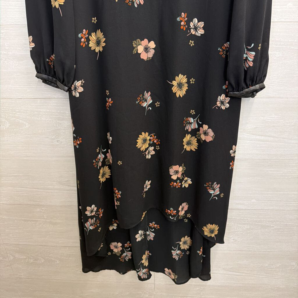 Who What Wear Black/ Multi Floral Print Long Sleeve Midi Dress Small
