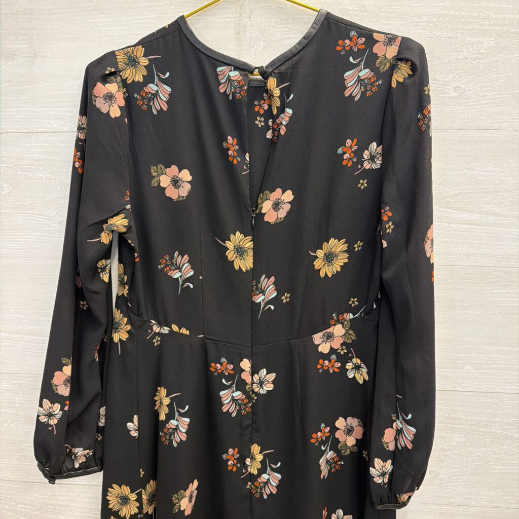 Who What Wear Black/ Multi Floral Print Long Sleeve Midi Dress Small