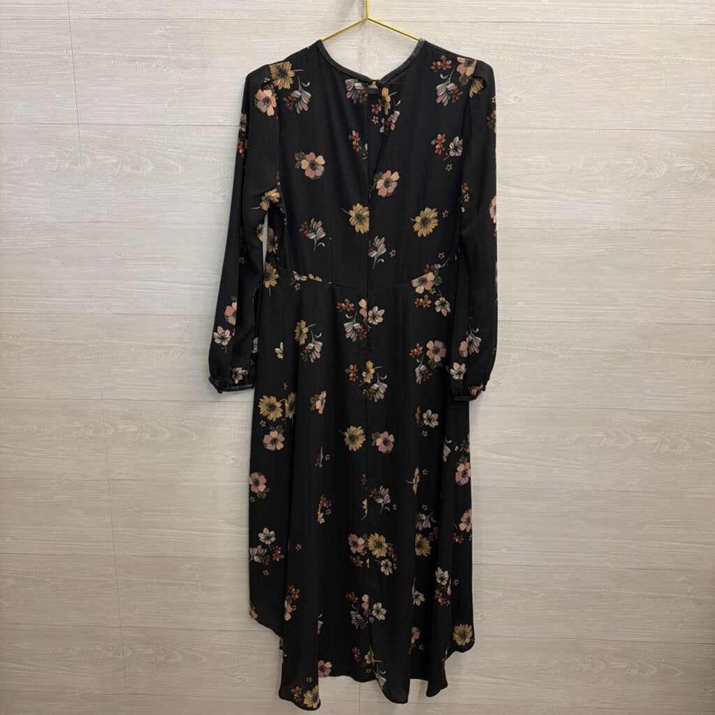 Who What Wear Black/ Multi Floral Print Long Sleeve Midi Dress Small