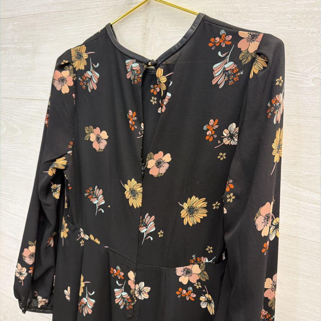 Who What Wear Black/ Multi Floral Print Long Sleeve Midi Dress Small