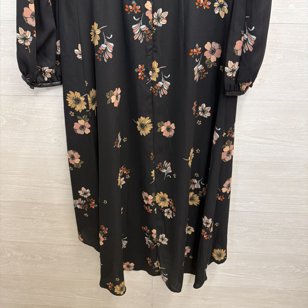 Who What Wear Black/ Multi Floral Print Long Sleeve Midi Dress Small