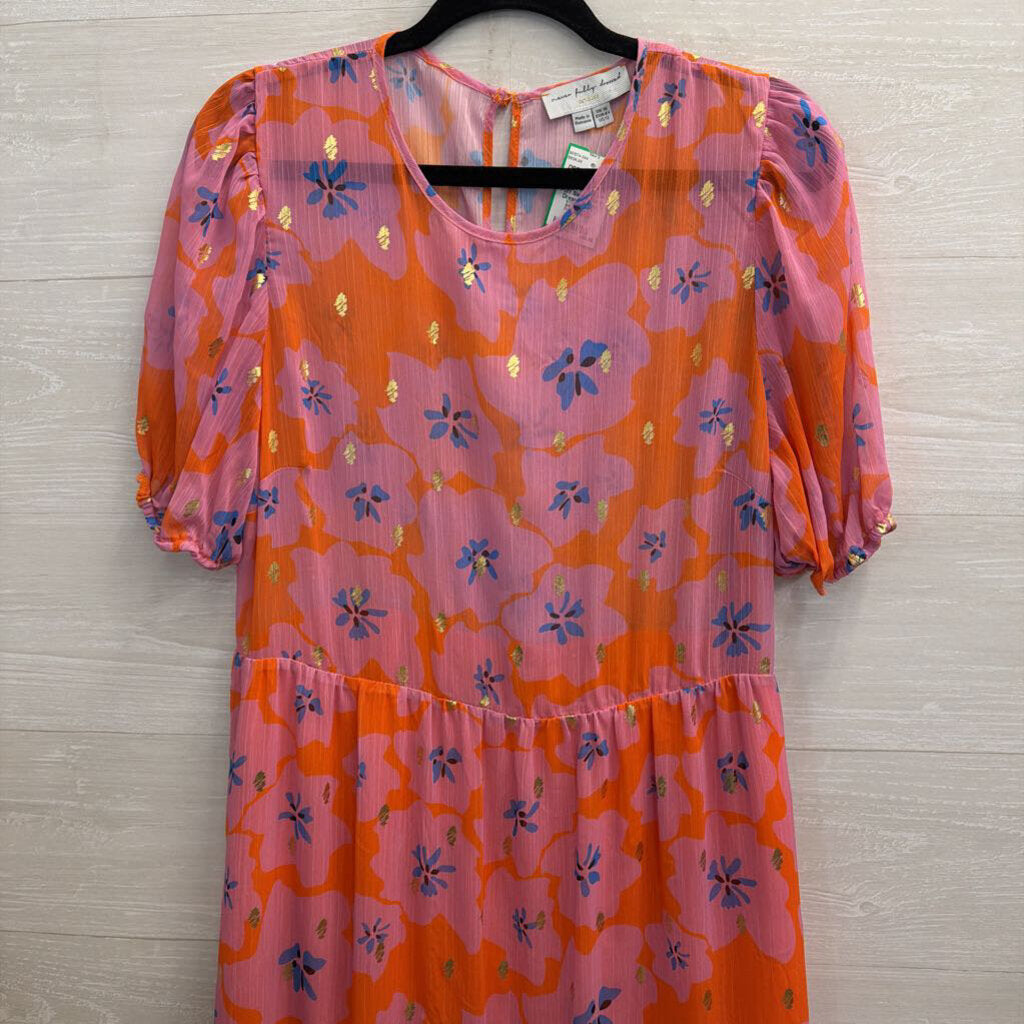 Never Fully Dressed Pink/ Orange Print Short Puff Sleeve Maxi Dress 12