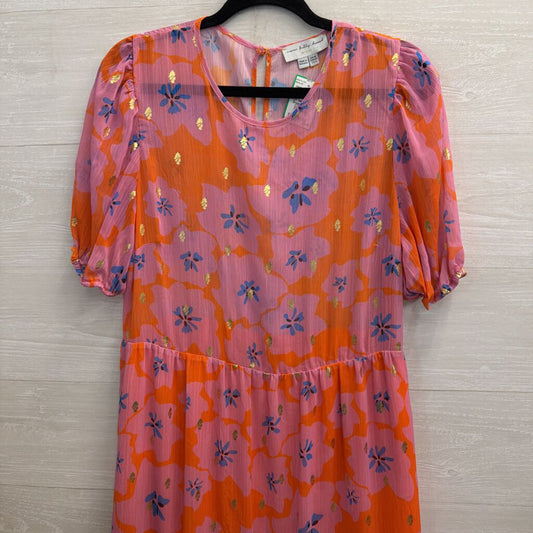Never Fully Dressed Pink/ Orange Print Short Puff Sleeve Maxi Dress 12