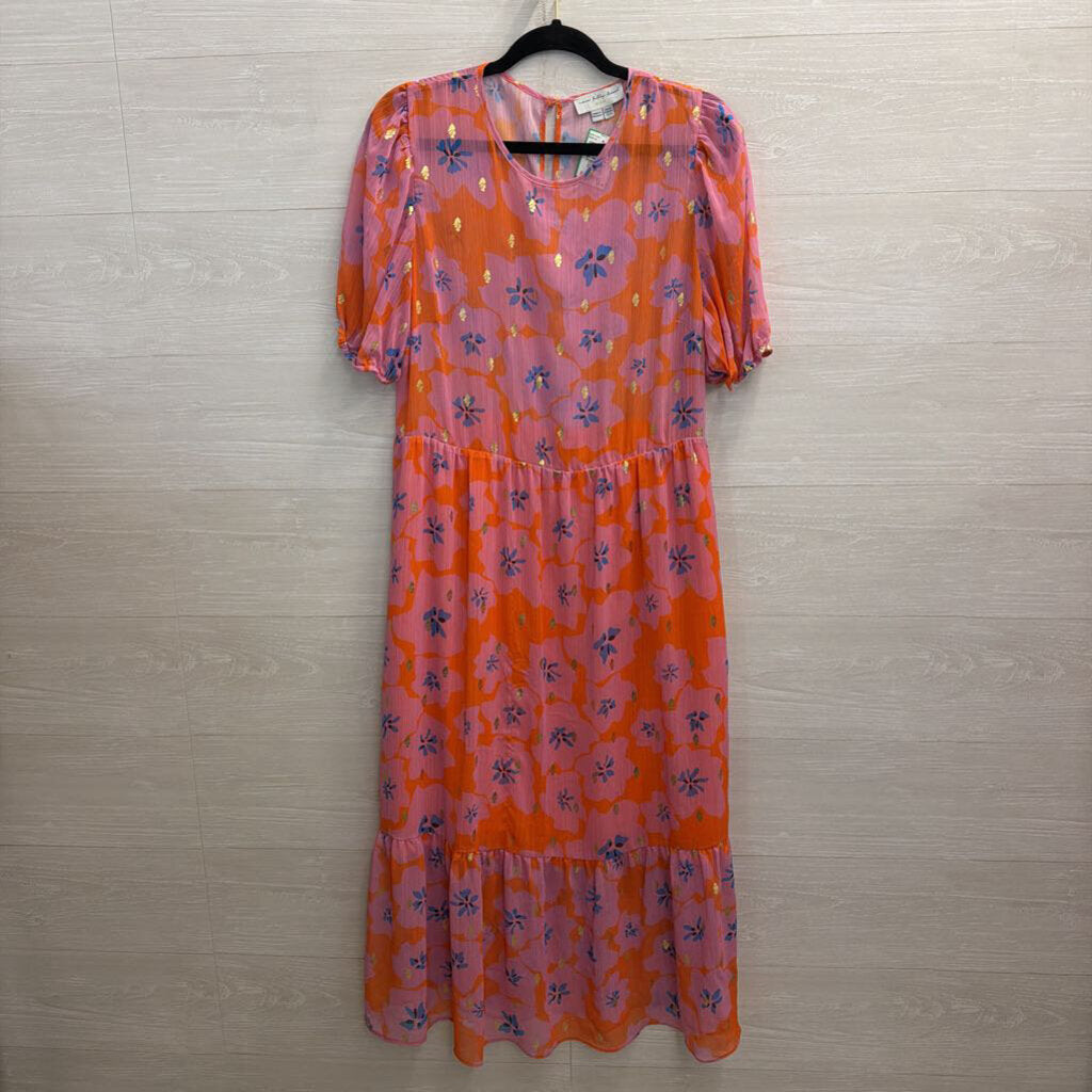 Never Fully Dressed Pink/ Orange Print Short Puff Sleeve Maxi Dress 12