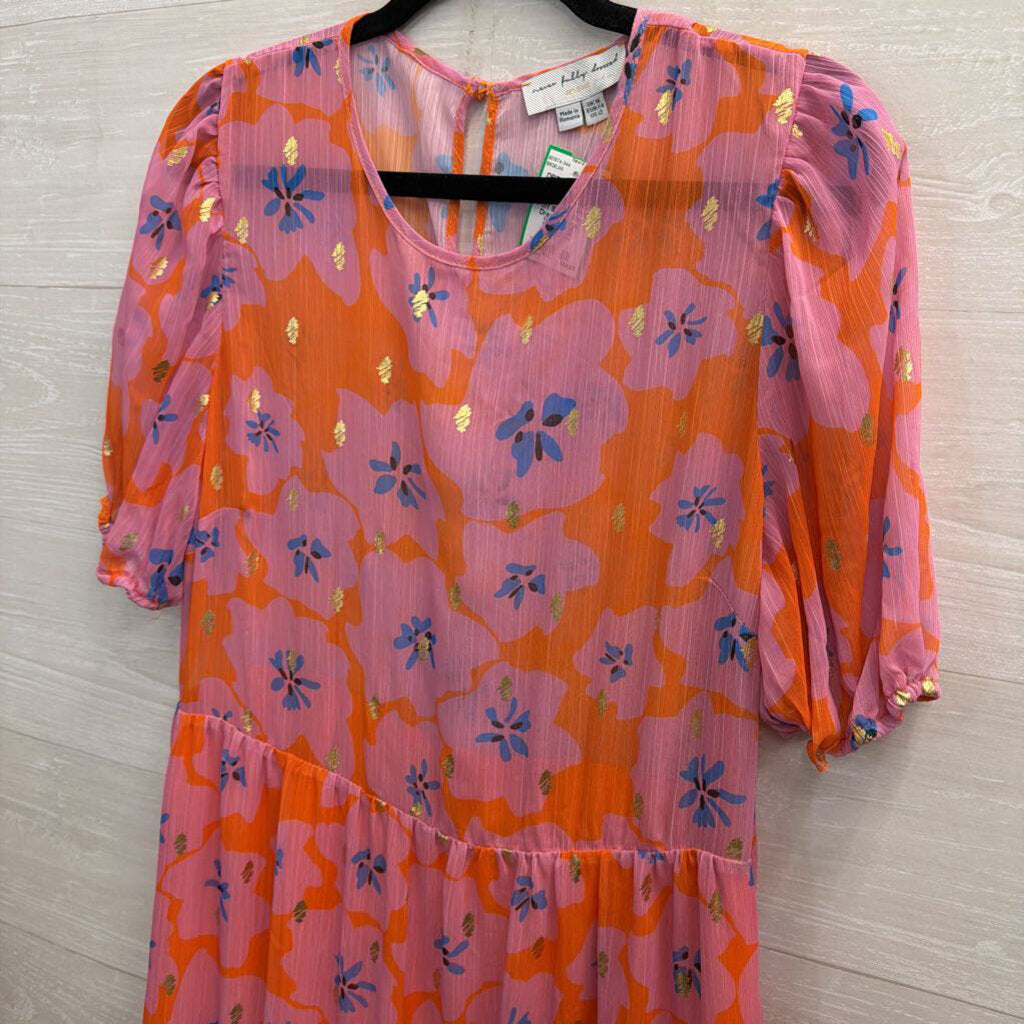 Never Fully Dressed Pink/ Orange Print Short Puff Sleeve Maxi Dress 12