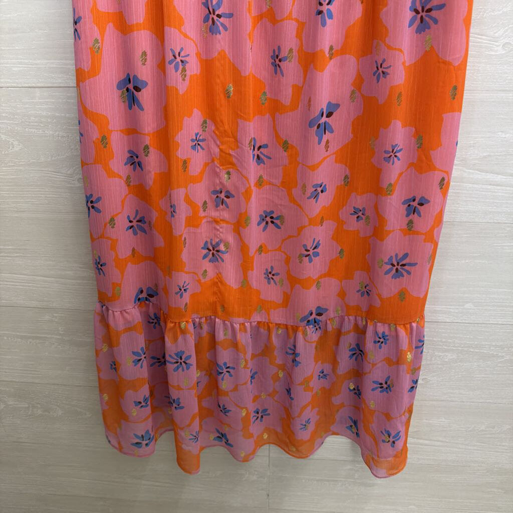 Never Fully Dressed Pink/ Orange Print Short Puff Sleeve Maxi Dress 12