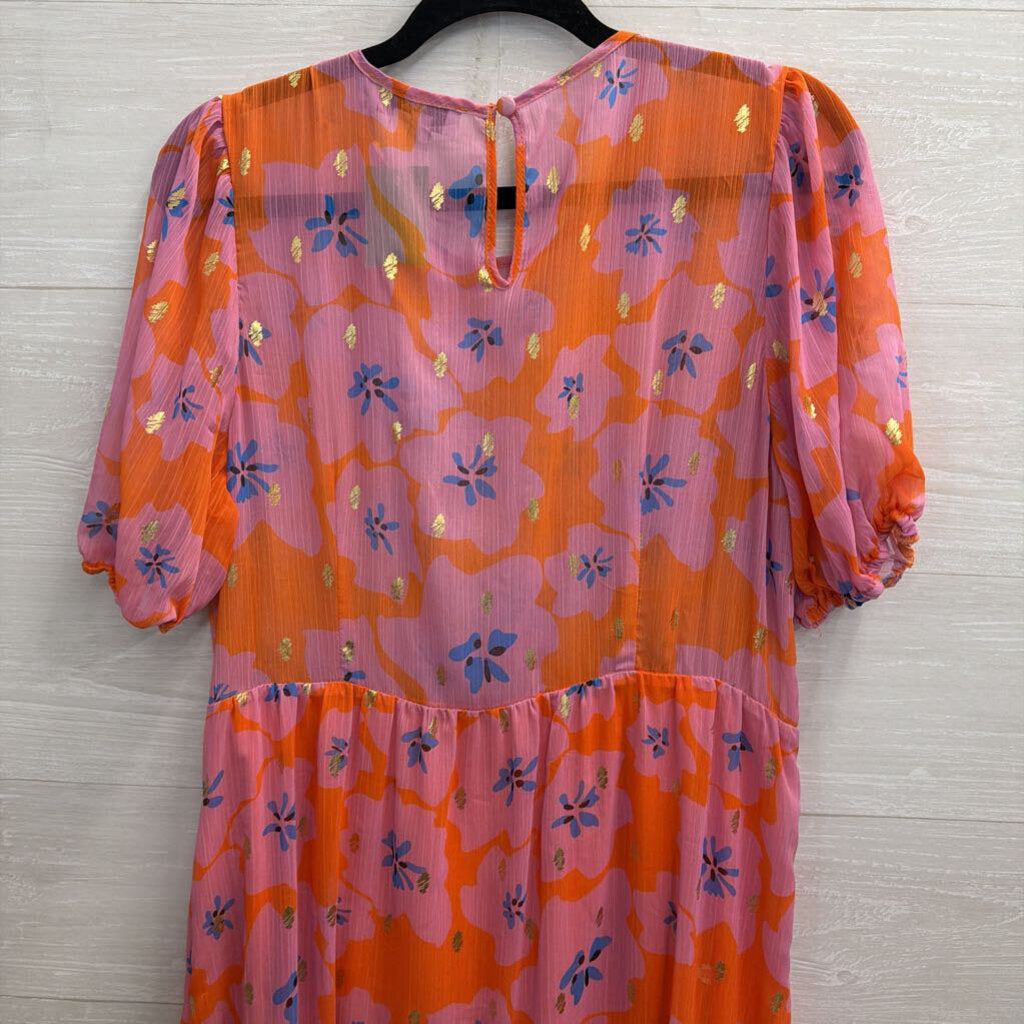 Never Fully Dressed Pink/ Orange Print Short Puff Sleeve Maxi Dress 12
