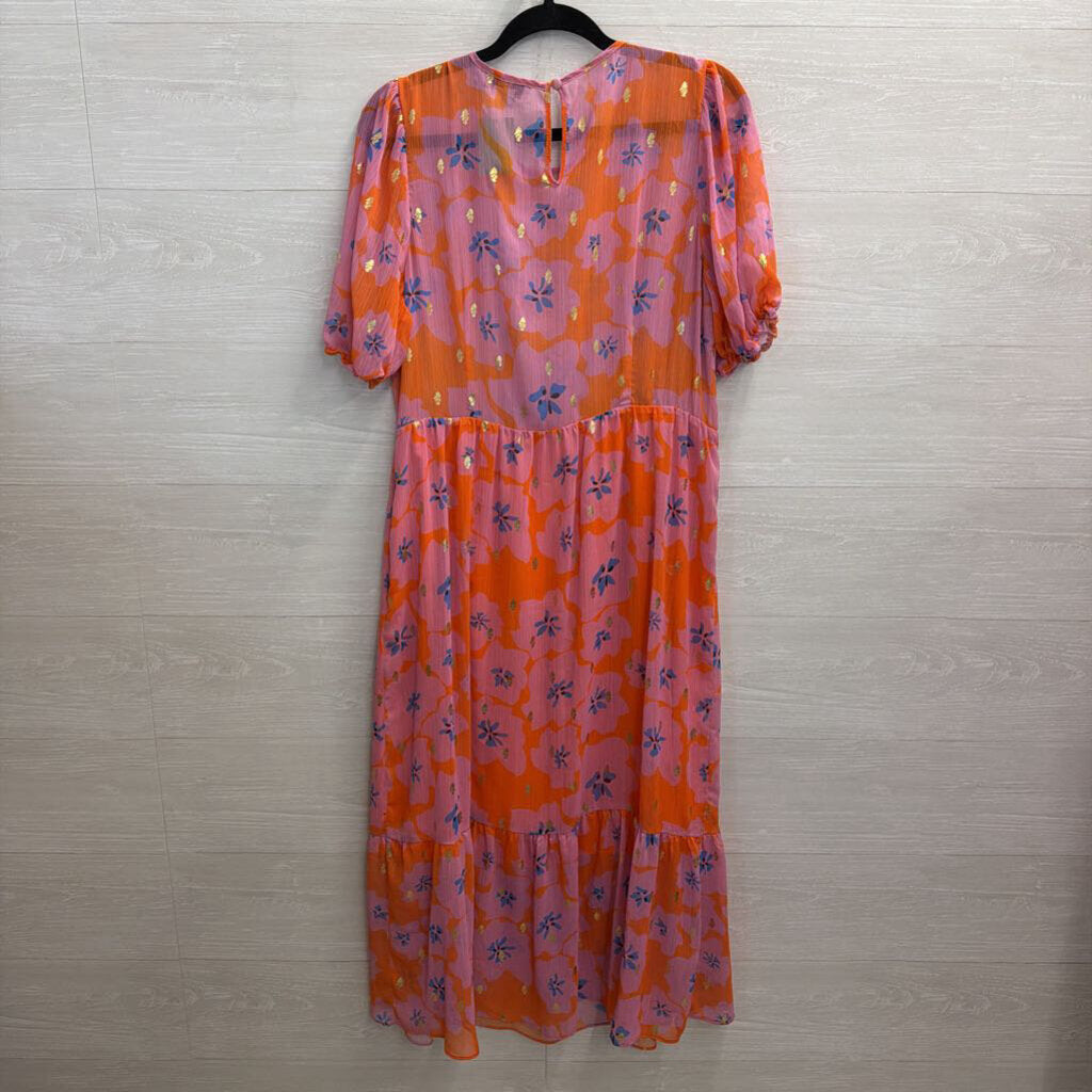 Never Fully Dressed Pink/ Orange Print Short Puff Sleeve Maxi Dress 12