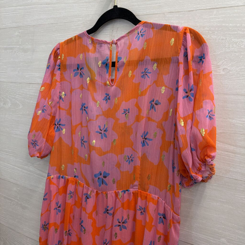 Never Fully Dressed Pink/ Orange Print Short Puff Sleeve Maxi Dress 12