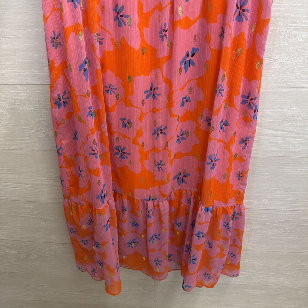 Never Fully Dressed Pink/ Orange Print Short Puff Sleeve Maxi Dress 12