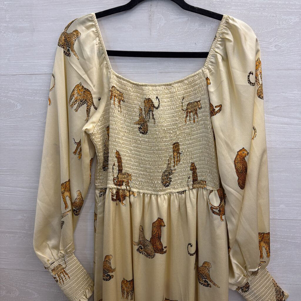 Vestique Cream/ Brown Animal Print Long Sleeve Maxi Dress Large