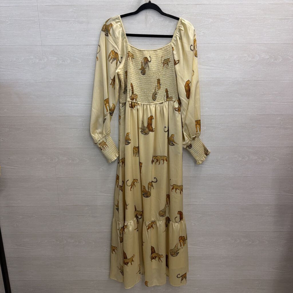 Vestique Cream/ Brown Animal Print Long Sleeve Maxi Dress Large