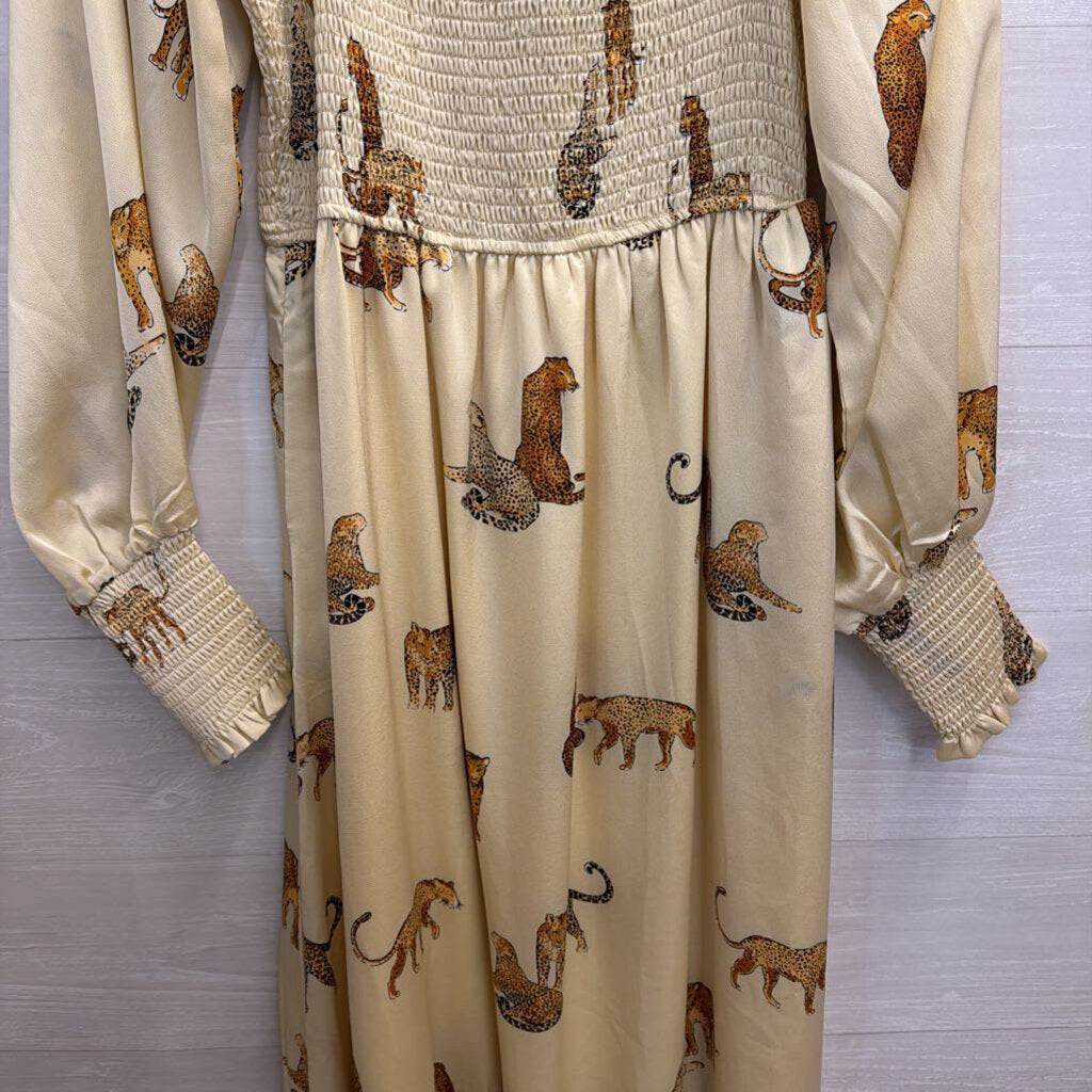 Vestique Cream/ Brown Animal Print Long Sleeve Maxi Dress Large