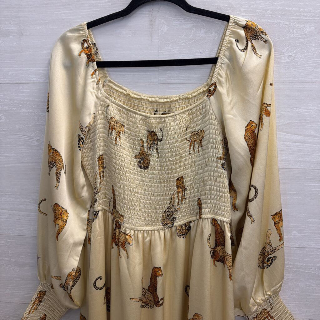 Vestique Cream/ Brown Animal Print Long Sleeve Maxi Dress Large
