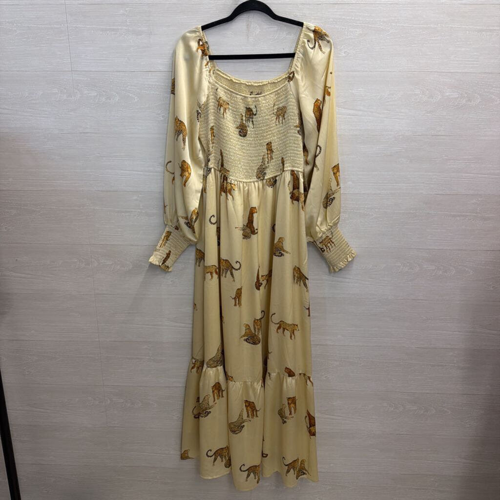 Vestique Cream/ Brown Animal Print Long Sleeve Maxi Dress Large