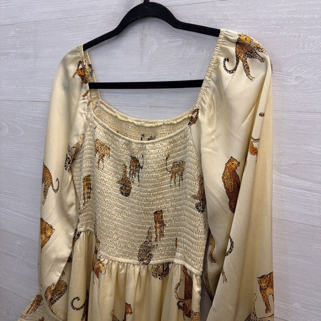 Vestique Cream/ Brown Animal Print Long Sleeve Maxi Dress Large