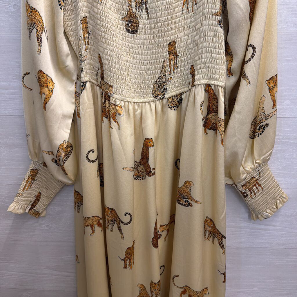 Vestique Cream/ Brown Animal Print Long Sleeve Maxi Dress Large
