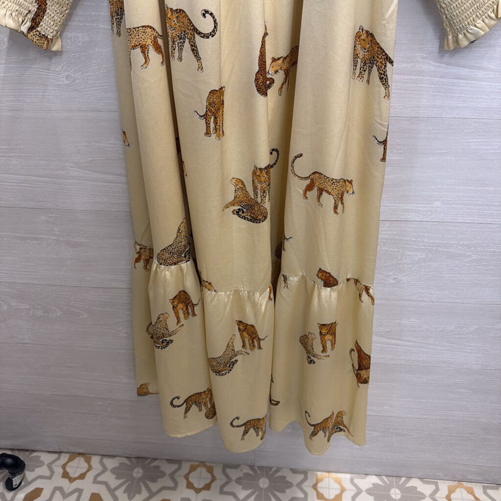 Vestique Cream/ Brown Animal Print Long Sleeve Maxi Dress Large