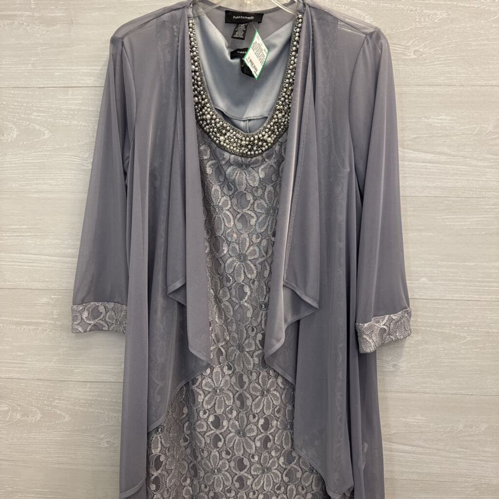 R and M Richards Grey Lace Short Formal Dress With Jacket 12