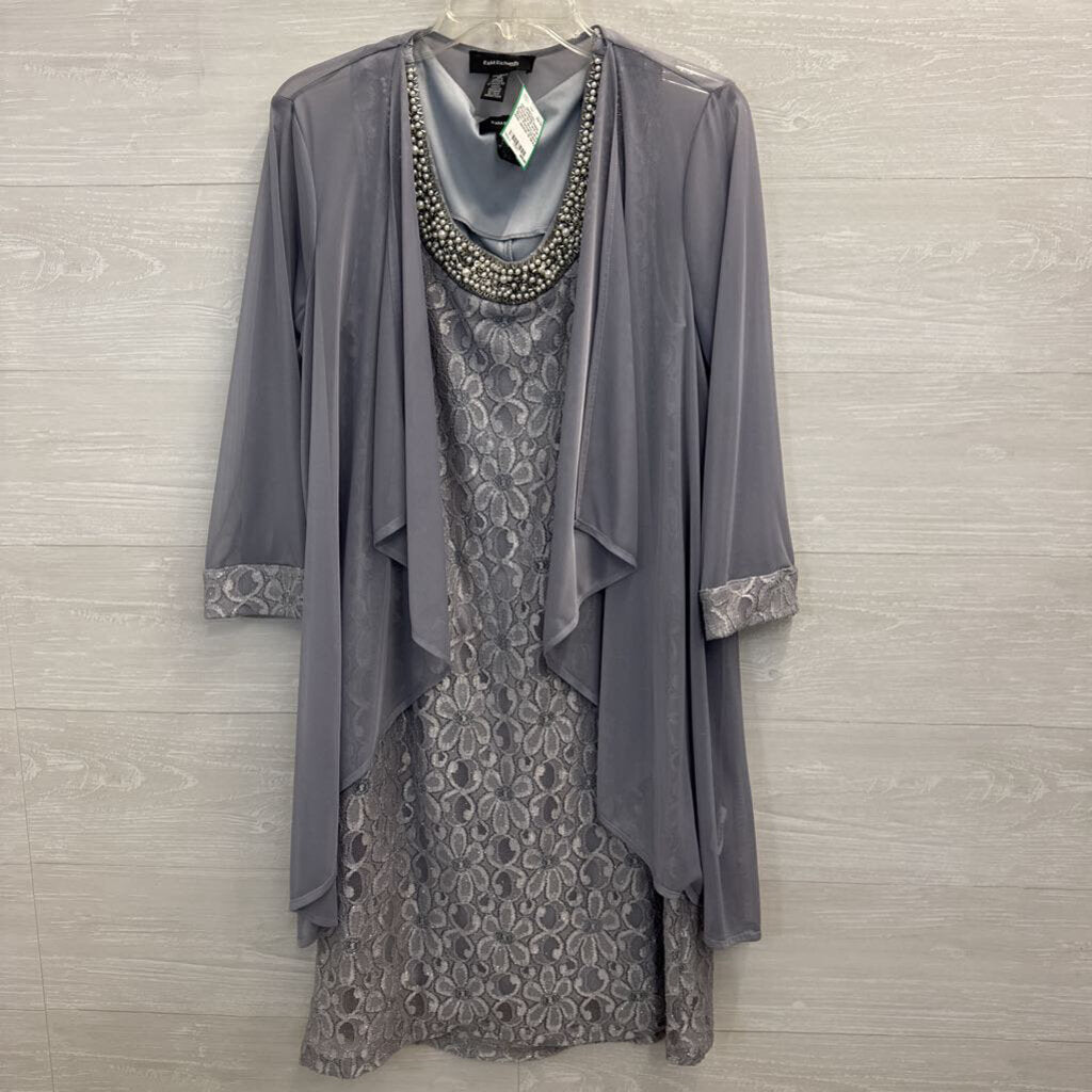 R and M Richards Grey Lace Short Formal Dress With Jacket 12