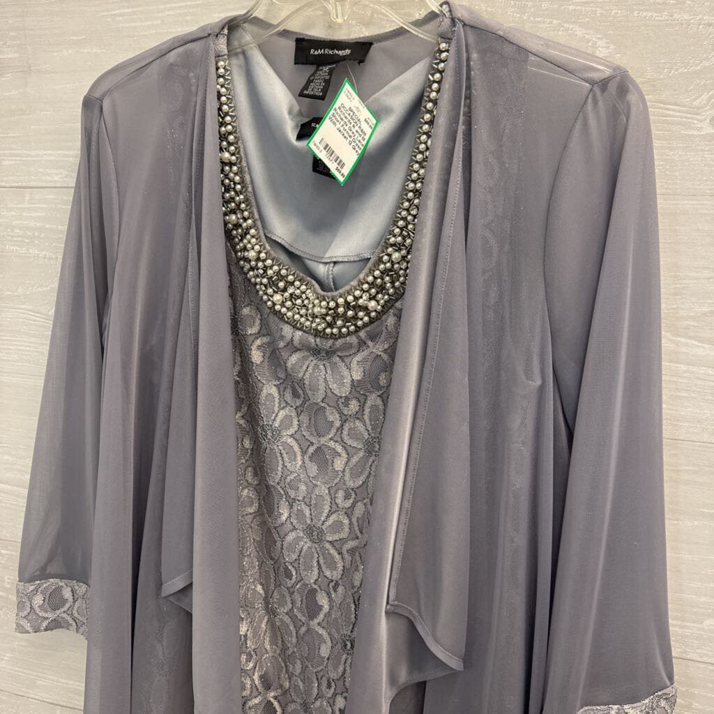 R and M Richards Grey Lace Short Formal Dress With Jacket 12